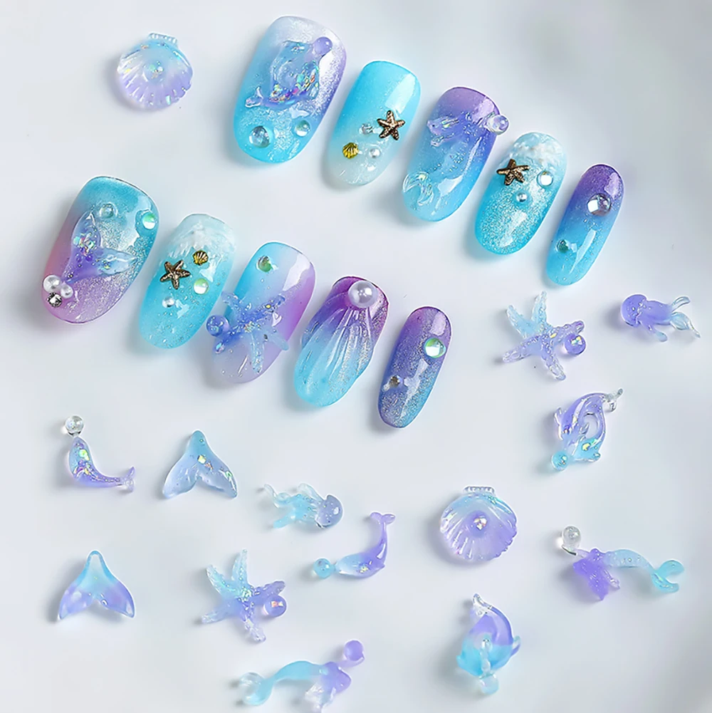 50PCS Creative Ocean Blue Nail Accessories New Jellyfish Shell Starfish Resin Luminous Gradient Cartoon DIY Jewelry Supplies