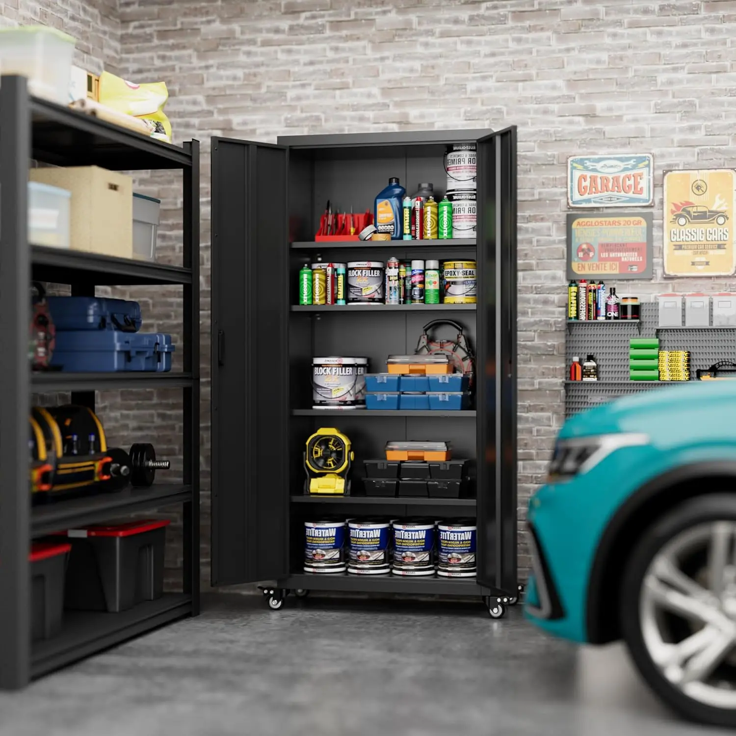Garage Storage Cabinet with Optional Wheels,73" Metal Lockable File Cabinet with 2 Doors and 4 Adjustable Shelves,Tool Storage,
