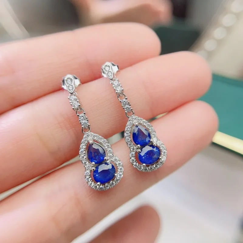 Natural Blue Sapphire Gemstone Simple Drop Earrings Real 925 Silver Fashion Earrings Fine Charm Jewelry for Women