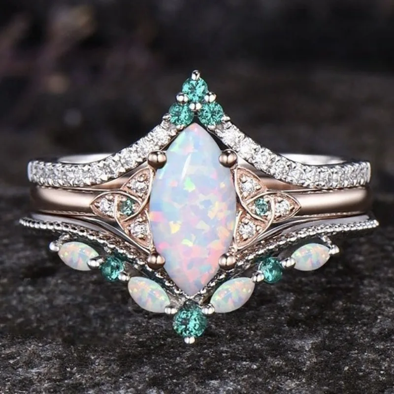 

New alloy inlaid horse eye opal , three-piece women's fire color ring.