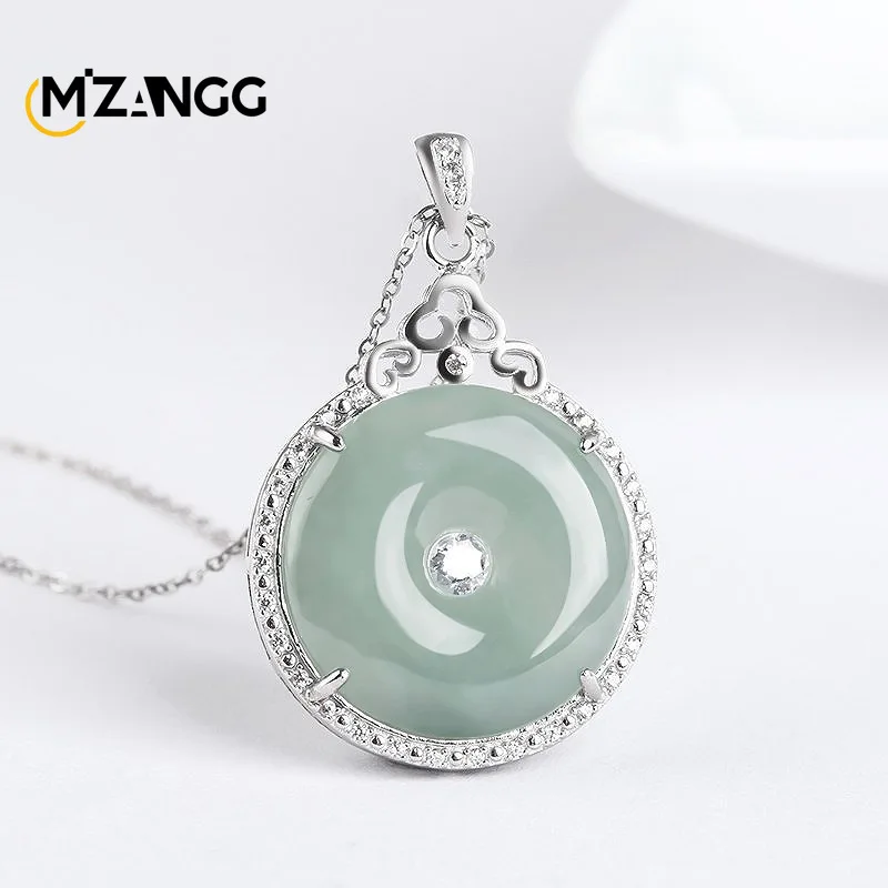 

S925 Silver Inlaid Natural A Goods Jadeite Blue Water Peace Buckle Pendant Ice Jade Necklace Fashion Jewelry Gift for Women