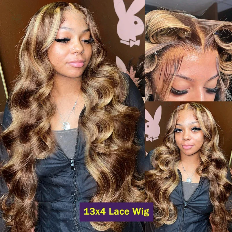 13x4 HD Highlight Ombre Body Wave Wigs Human Hair 4/27 Blonde Brown Wig 13x6 Lace Front Wig Colored Human Hair For Women