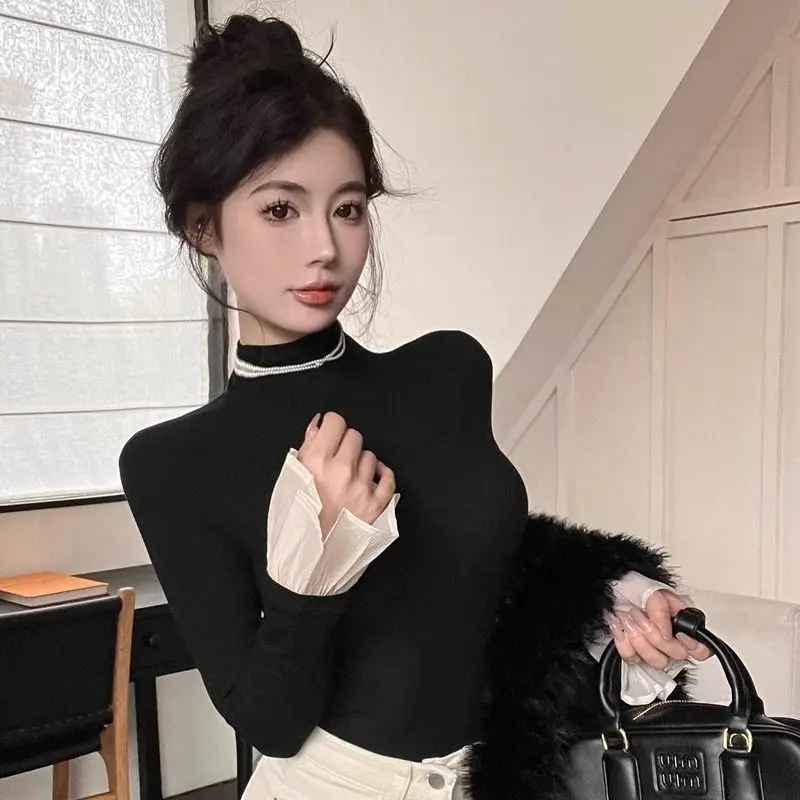 Temperament Slim Solid Color T Shirts Spring Autumn New Long Sleeve V Neck Simplicity Elegant Tops Fashion Korean Women Clothing