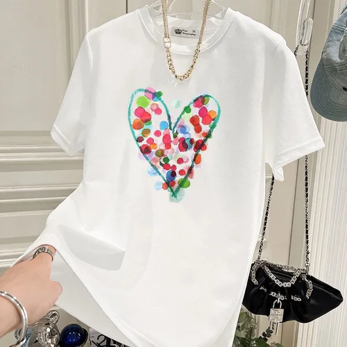 Imagen 2 del producto Camisetas con estampado de lunares pintadas a mano para mujer, Top de manga corta de algodón puro con cuello redondo, Jersey suelto informal, moda de verano