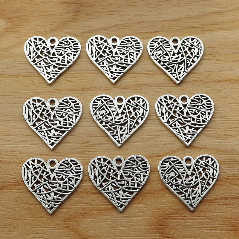 20 Pieces Tibetan Silver Hollow Heart Charms Pendants Beads for DIY Necklace Bracelet Jewellery Making Findings 18x19mm