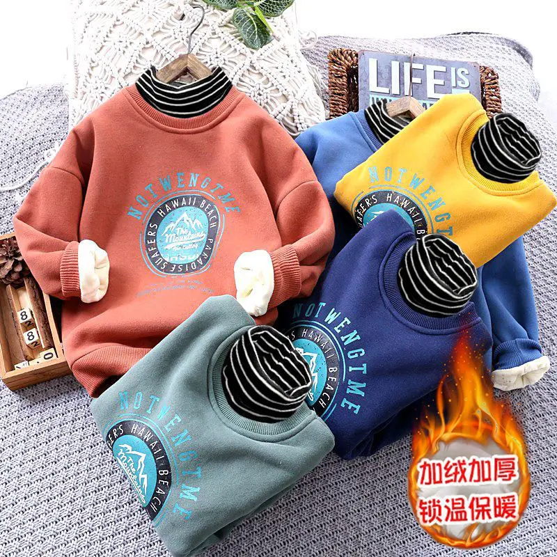 

Boys' Fleece-Lined Sweater High Collar Winter Baby Thickened Sweater Outer Wear Boy Warm Top Autumn And Winter