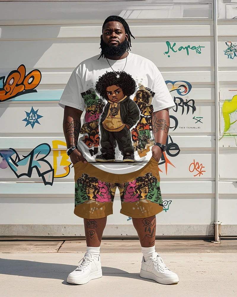S-9XL Big & Tall Hip Hop Cartoon Afro Man Graffiti Print Tee & Shorts 2Pcs Streetwear Set