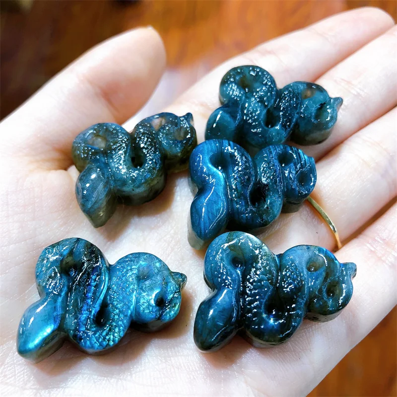 

5pcs Natural Labradorite Snake Carving Healing Fengshui Lucky Stone Collection Home Decoration Birthday Gifts