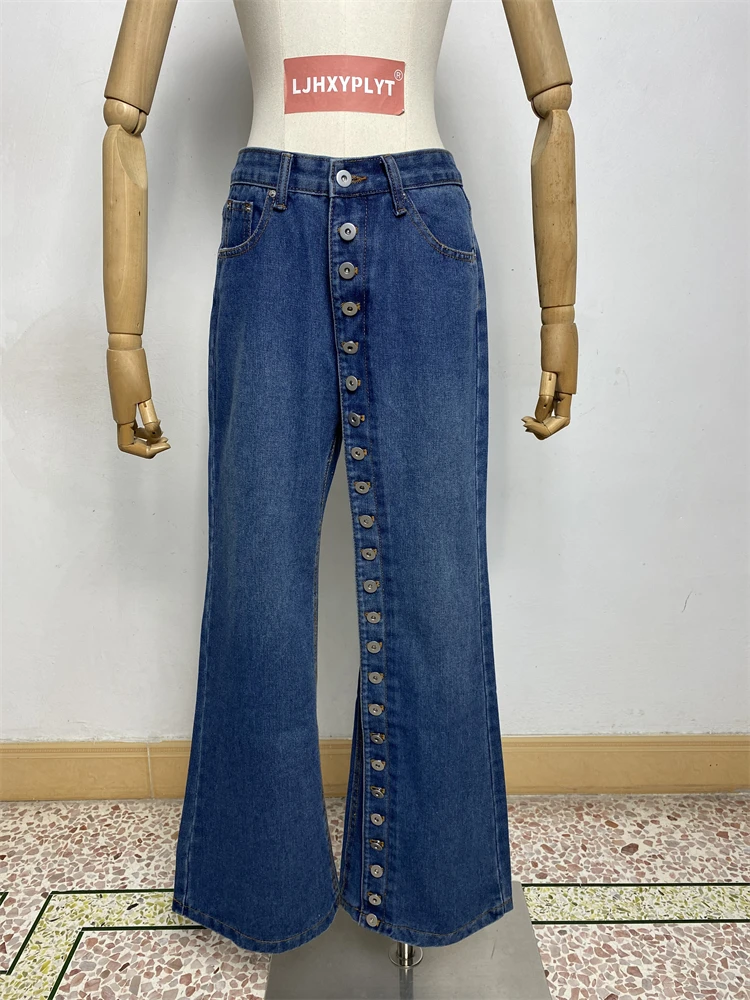 

Women's Single Breasted Blue Straight Regular Jeans Cool Girl High Waisted Streetwear Fashion Pants Female Casual Denim Trouser
