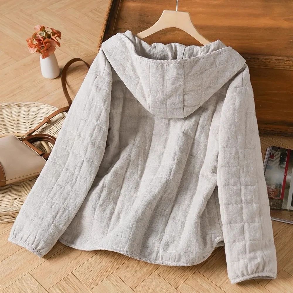 

Хлопково-льняная куртка в национальном стиле для женщин, осенне-зимняя однотонная стеганая теплая одежда с капюшоном, повседневный топ w1485