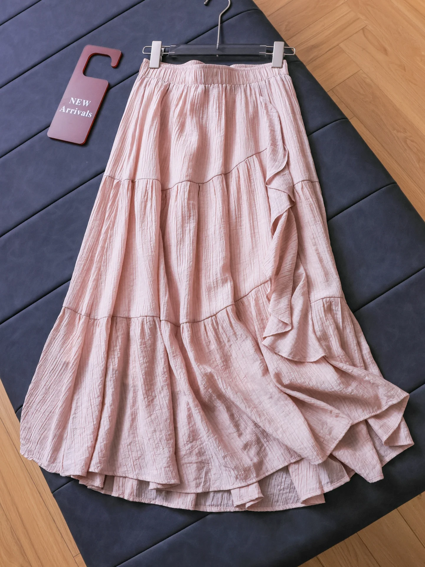 High Waist A-Line Midi Skirt with Lace Hem Pure Color Loose Fit Women's Polyester Gown No  Summer 2026 Elastic Waist