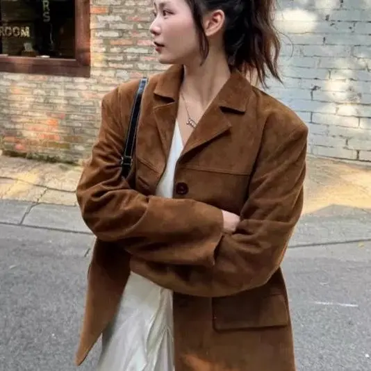 Caramel Suede Jaet Women's Suiting Leather Coat American Sle Loose Fit Regular Length Button Closure ort Outerwear