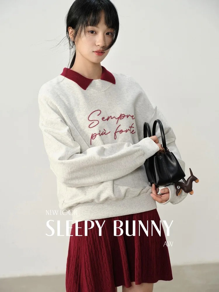 Vintage Casual Loose Embroidered Letter Sweatshirt Autumn Pullover Crew Neck Top Oversized Streetwear Outfit Women Retro Fashion