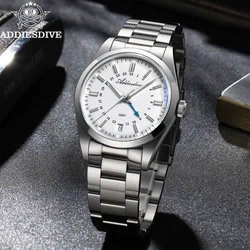 ADDIESDIVE New GMT Watch Swiss Ronda 515-24H Quartz Wristwatch 100m Waterproof 36mm AR Coating Luminous Stainless Steel Watch