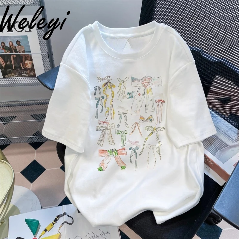 

Super Nice French Style Bow Graphic Tee Women Clothes 2024 Summer Sweet Unique Loose Casual Graffiti Short Sleeve Koszulki Tops