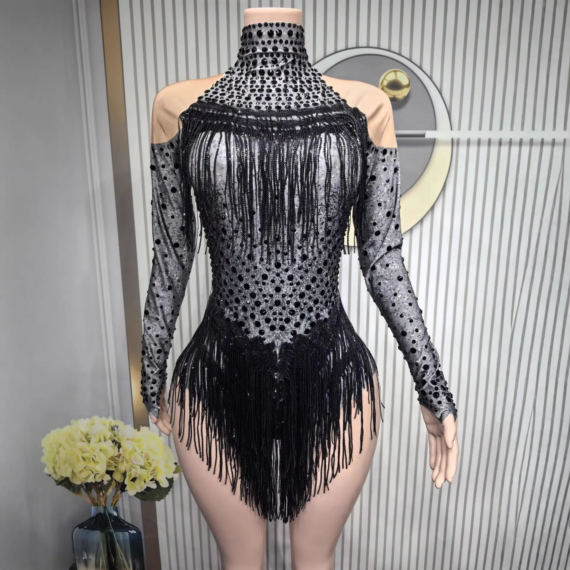 

Сценический костюм для ночного клуба/бара: комбинезон с высоким разрезом, полностью расшитый стразами и пайетками, с бахромой, красный, для певиц и моделей, для показов, блестящий серебристый комбинезон с бахромой, с длинными рукавами, с завышенной талией