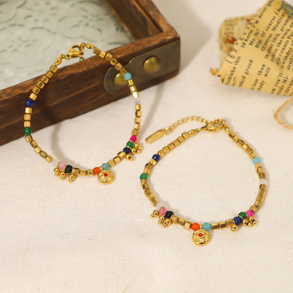 

WILD & FREE Geometric Hexagonal Beads Stainless Steel Bracelet for Women Colorful Crystal Charms 18K Gold Plated Jewelry