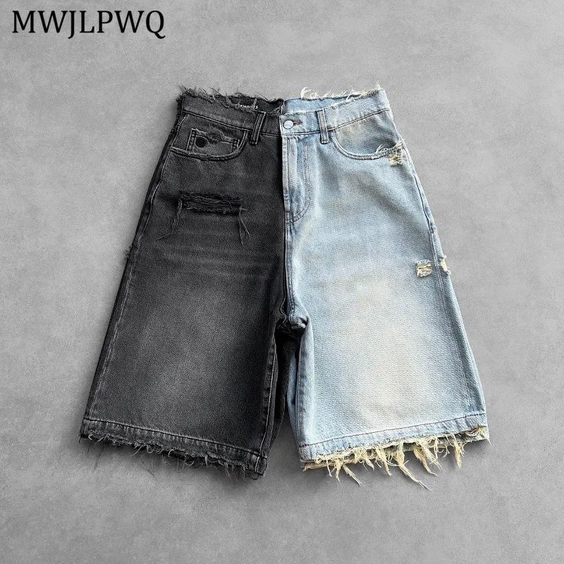 

MWJLPWQ Готические рваные джинсовые шорты для мужчин в стиле панк, уличная одежда с грубыми краями, хип-хоп, Y2K, повседневные брюки 2023, лето 11543
