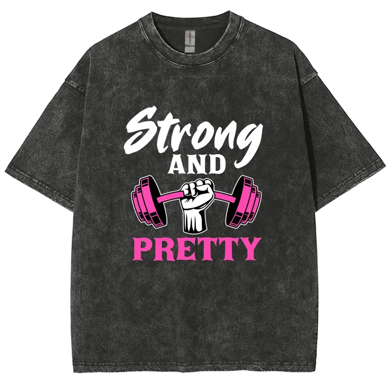 Neutral T-Shirt Color Letters Strong Arm Weightlifting Dumbbell Print Oversize Fashion Trend Casual Designer New Short Sleeves