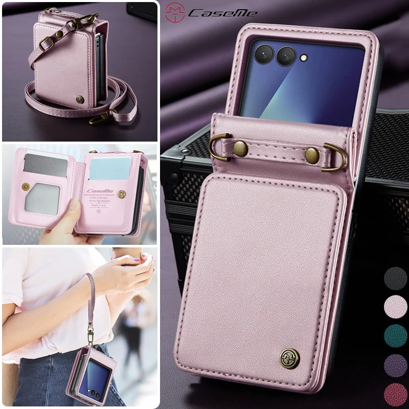 Lanyard Leather Wallet Phone Case For Samsung Galaxy Z Flip 8 7 6 5 Flip8 Flip7 Flip6 Card Slots Holder Folding Cover Coque Bag
