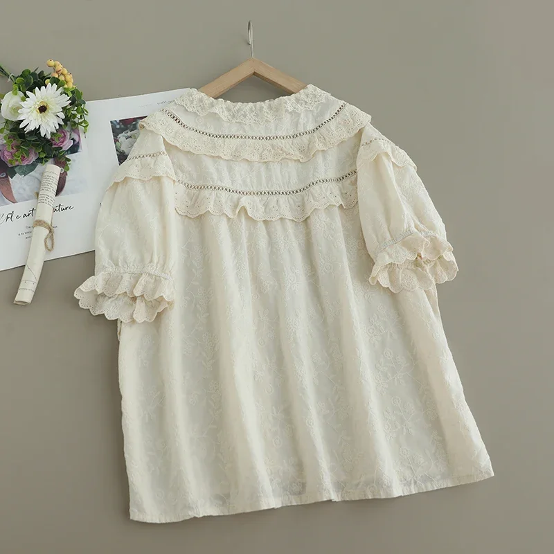 Summer Sweet Mori Girl Hollow Out Ruffles Embroidered Shirt Women Short Sleeve Single Breasted Casual Loose Cotton Tops