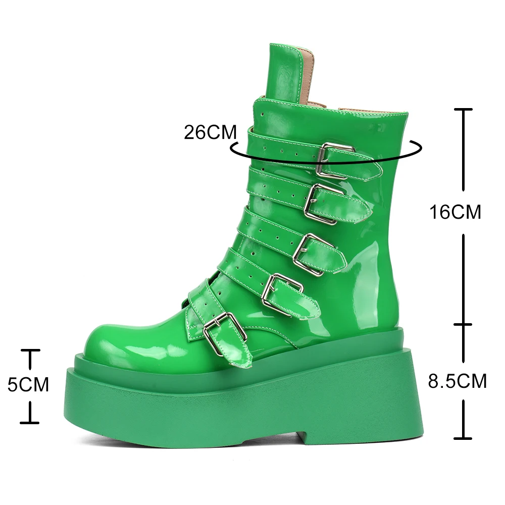 Motorcycle Boots For Women Platform Wedges Ankle Boot women\'s Shoes Brand New 2024 Buckle Strap Booties Fashion Goth Green