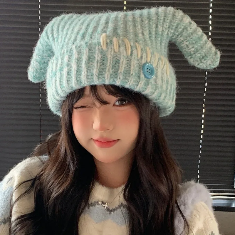 

2025 New Cute Cartoon Button Ears Knitted Hat for Women Warm and Cold Proof Knitted Hat for Autumn and Winter