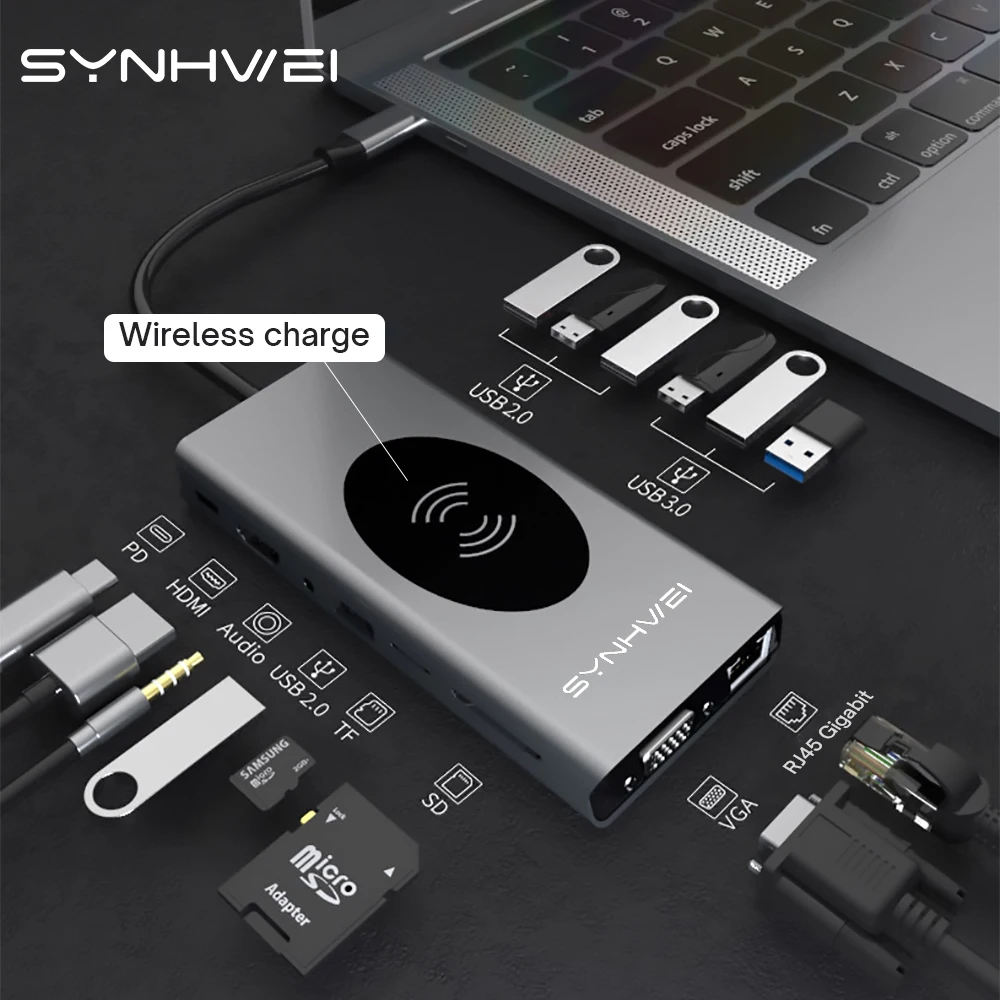 

15 in 1 USB C 3.0 HUB Type-C 4K-HDMI VGA RJ45 Gigabit 14 Port Adapter PD Charge Docking Station Laptop PC USB Notebook Splitter