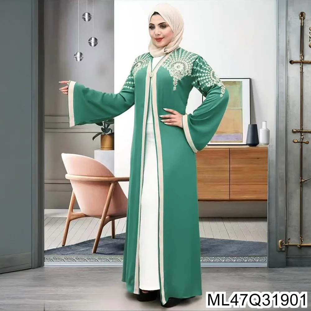 

2025 Новый комплект из двух предметов: женская мусульманская одежда больших размеров, длинный халат, кардиган в Дубае и платье с вышивкой ML47Q319