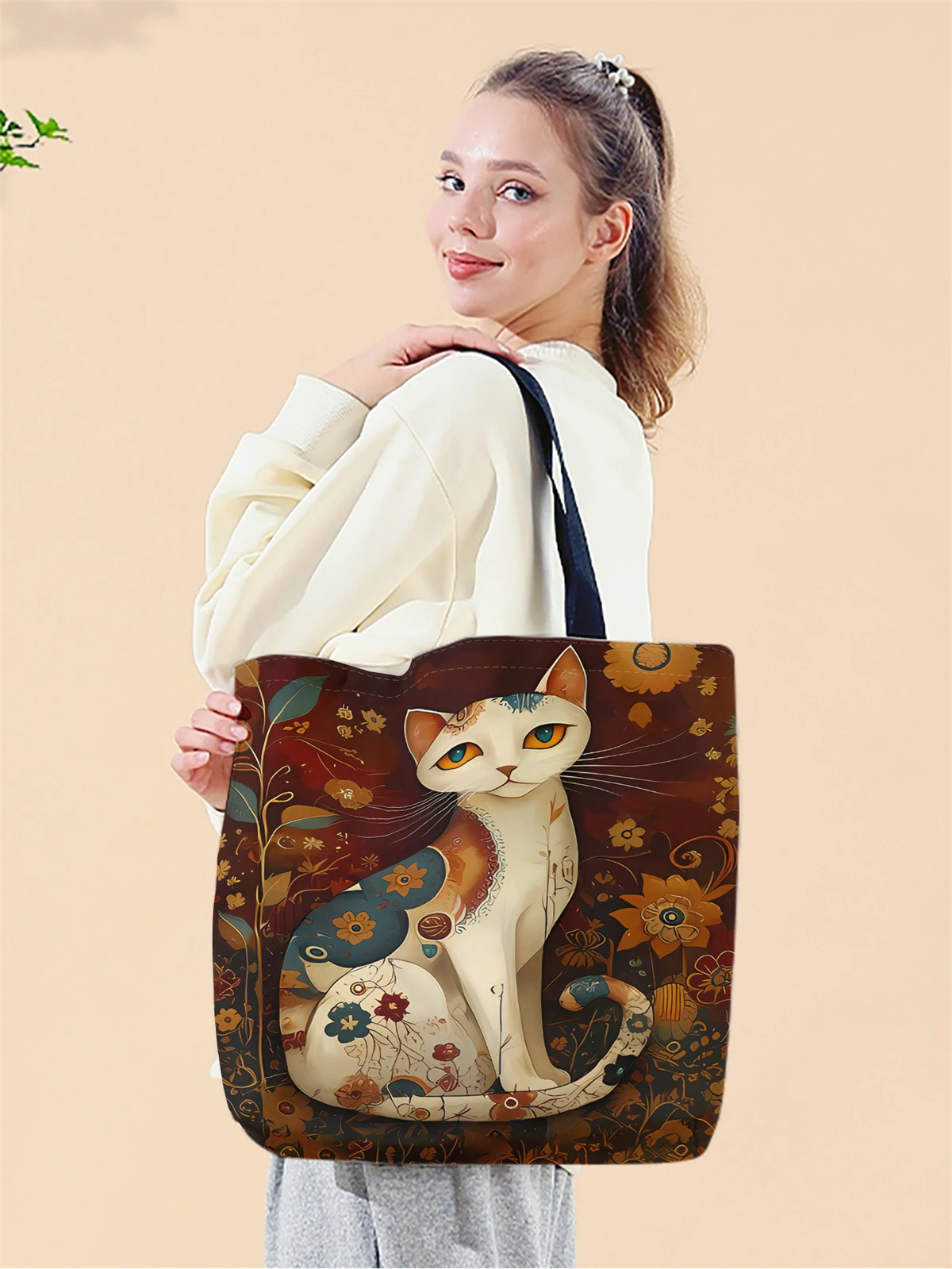 

1шт, сумка с цветочным котом, многоразовая модная сумка, многофункциональная сумка, холщовая сумка для покупок с принтом