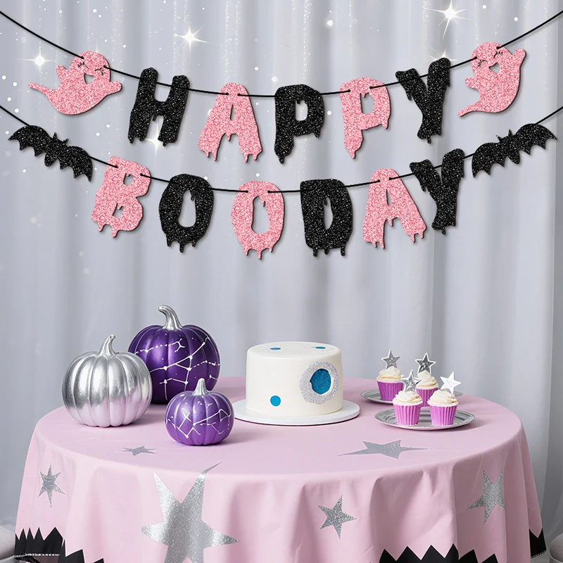 YOMDID Glitzer-Geburtstagsbanner „Happy Boo Day“ Partybanner mit Glückswünschen, Halloween-Geister und Fledermäusen, Geburtstagsdekorationen – Detail 7