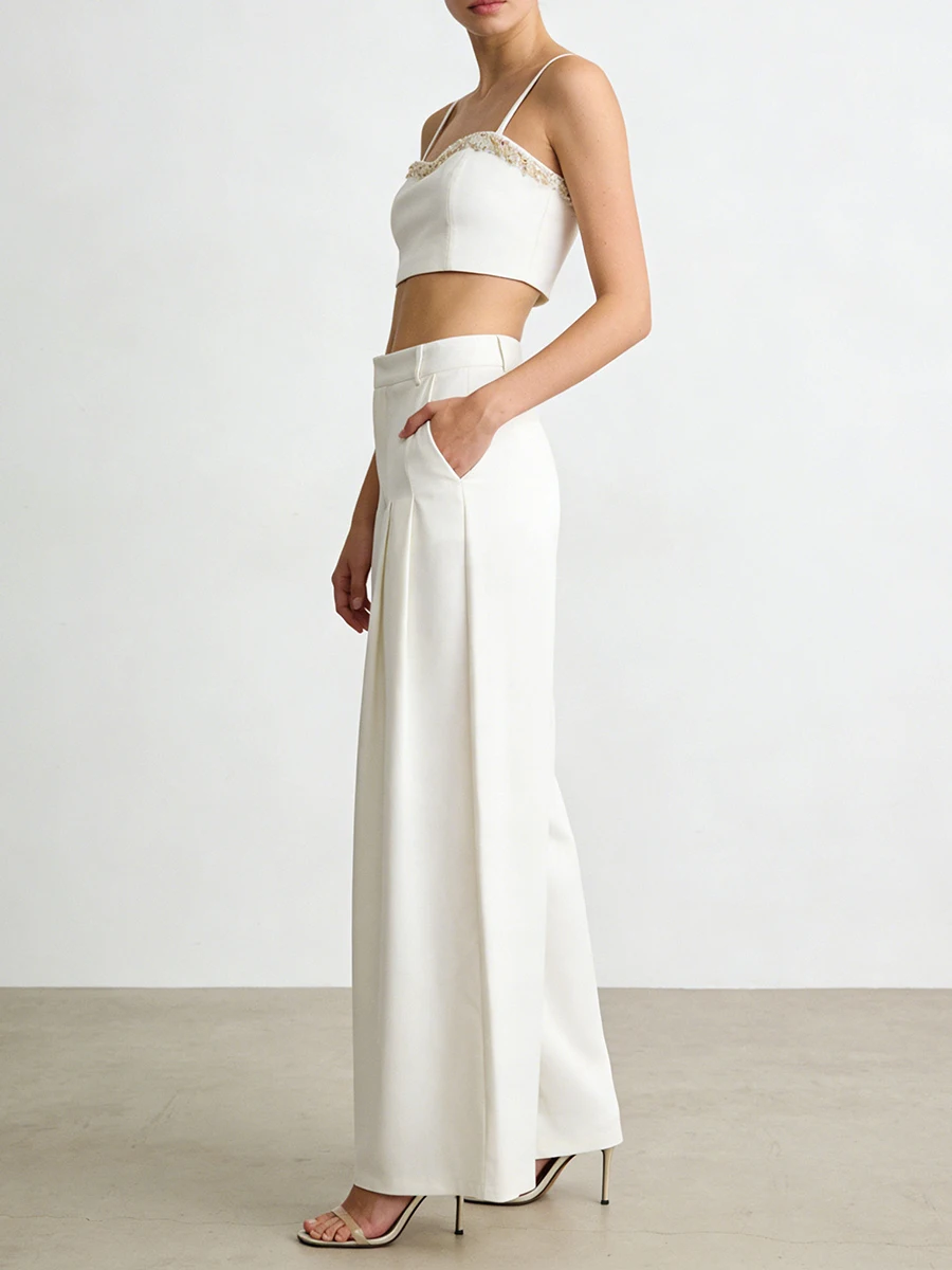 TWOTWINSTYLE solide bases deux pièces ensembles pour femmes col carré sans manches épissé perle gilet taille haute jambe large pantalon ensemble femme