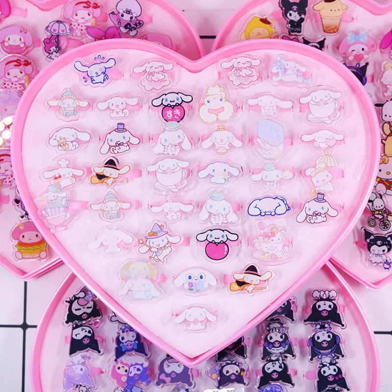 36Pcs Set Sanrio Kuromi Hello Kitty Kid Ring Kids Adjustable Baby Rings Cartoon Children Girl Rings with Heart Box Festival Gift