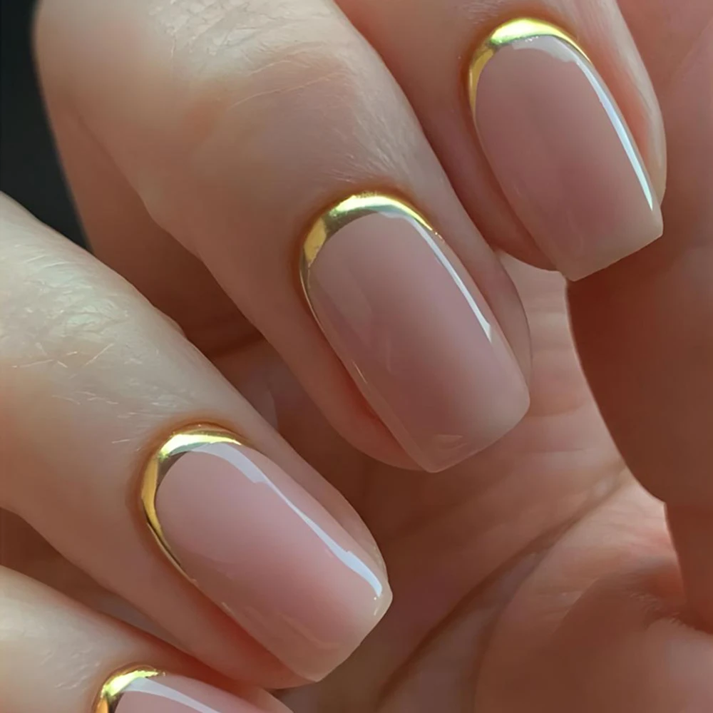 

Glossy Gold French Fake Nails With Glue Sticker DIY Natural Manicure Fingertips Acrylic Short Press On False Nails Tip