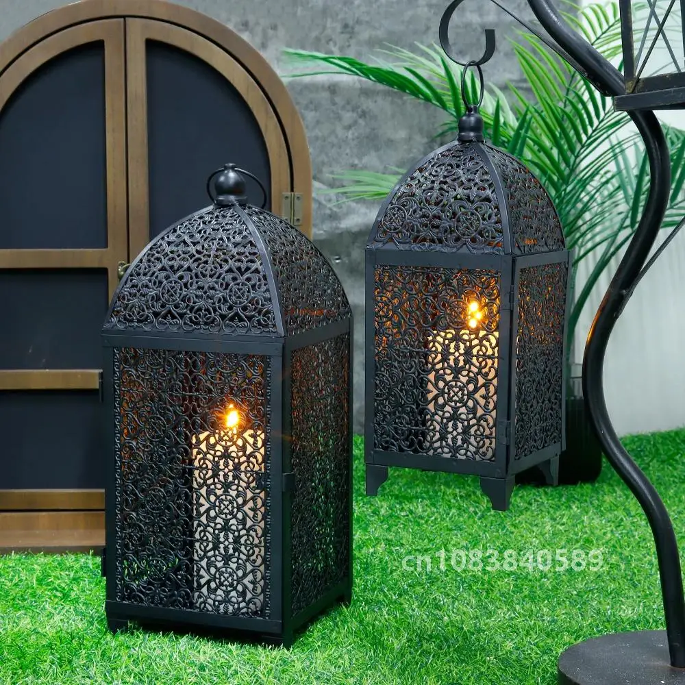 2Pcs Metal Candle Holder Black Candle Lantern Decorative Hanging Lantern with Hollow Pattern for Party Garden Indoors Outdoors