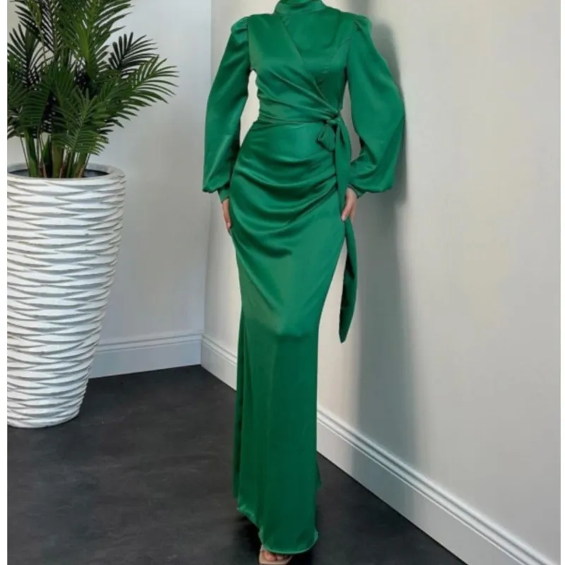 2025년 가을 여성 우아한 패션 드레스, 통근용 긴팔 O넥 슬림 새틴 파티 이브닝 드레스