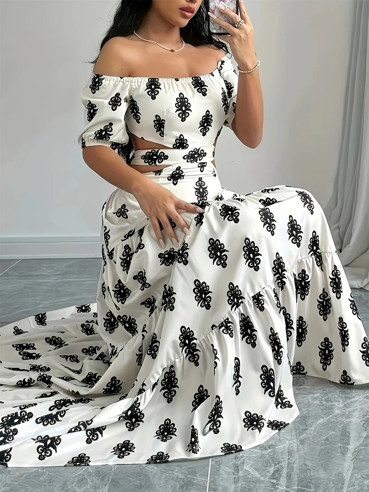 Abito lungo a trapezio da donna estivo con spalle scoperte e dettaglio cravatta con stampa floreale Abito da vacanza al mare Boho Vita smock sexy