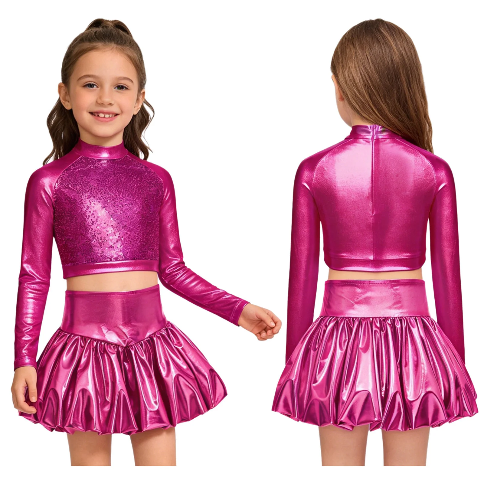 Kids Girls Hip Hop Jazz Dance Performance Outfit Long Sleeve Crop Tops with Metallic Shiny Bubble Skirt Cheerleading Costume