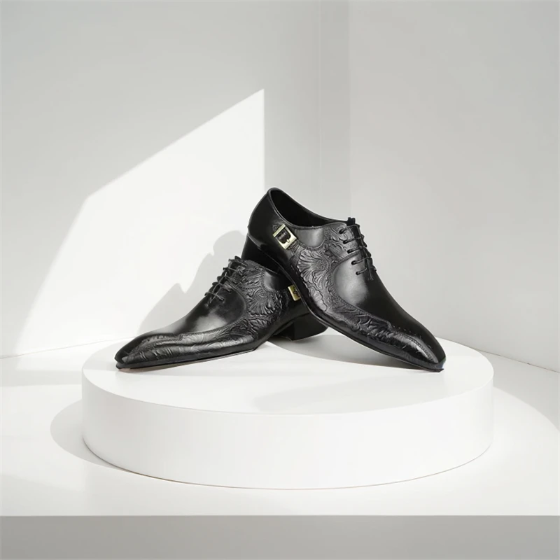 فستان أحذية الرجال جلد العجل الدانتيل يصل مشبك حزام أسود أشار تو أحذية الزفاف الرسمية الأعمال اليدوية #4