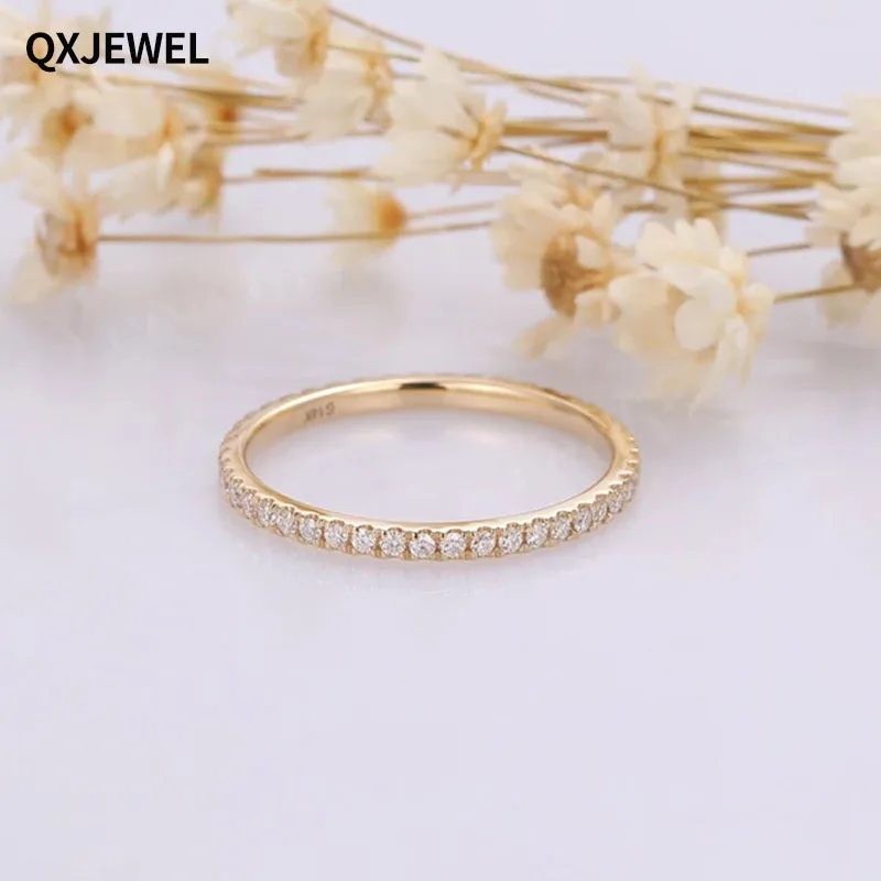 QXJEWEL Full Eternity Wedding Unique Pave Stacking Bands Moissanite Matching Rings 18K Solid Gold for Women