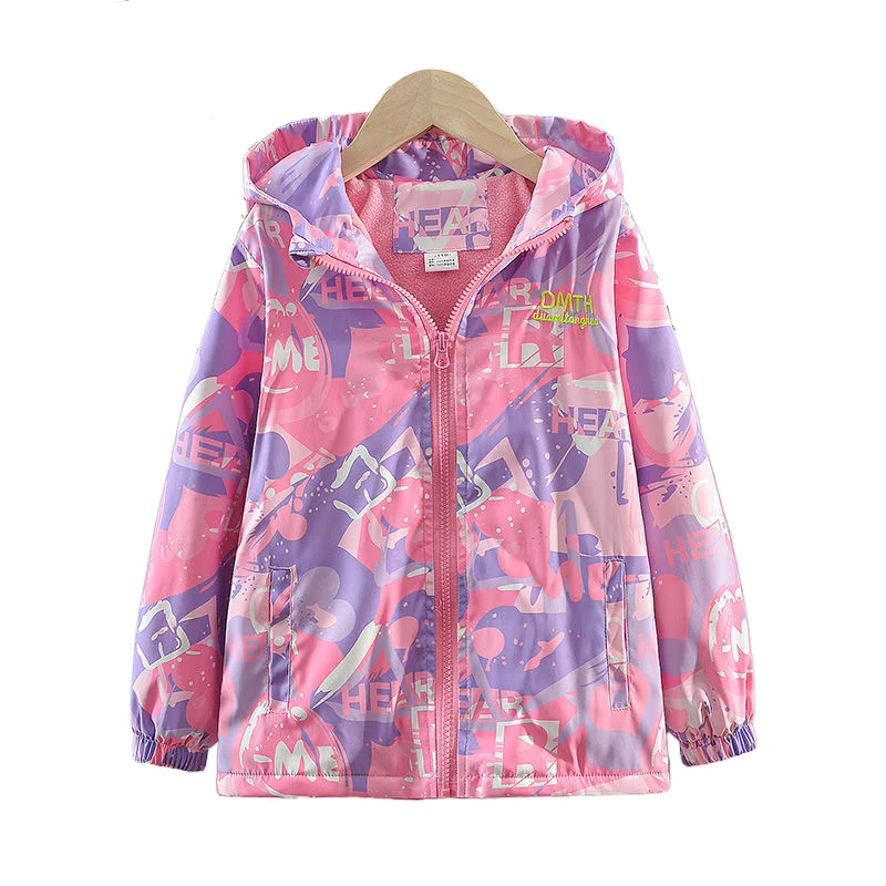 Girls Waterproof Fleece Lined Printed Hooded Zip Hiking Jackets School Kids Outfit Windbreaker Children Track Coat Tops 3-14Yr