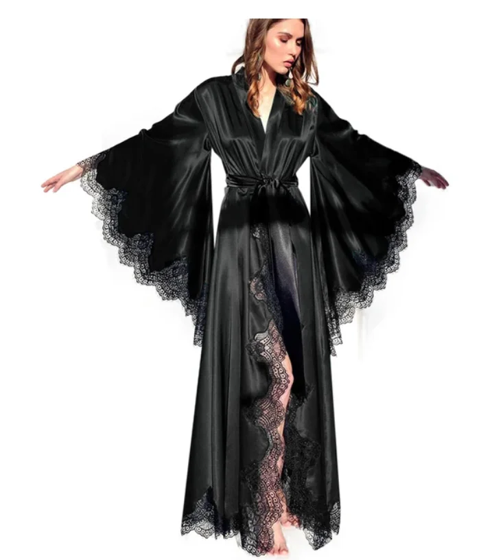 Women Robes Sleepwear Kimono Pajamas Pure Long Black Silk Satin Lace Trim Photography Dress Wedding Bride Gown Photo Shoot