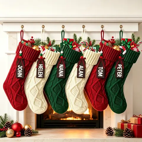 6 Pack Christmas Stockings, Personalized Cable Knit Christmas Stocking with Wooden Name Tag, Family Hanging Xmas Stocking for Fireplace Mantel Indoor Holiday Party Decoration