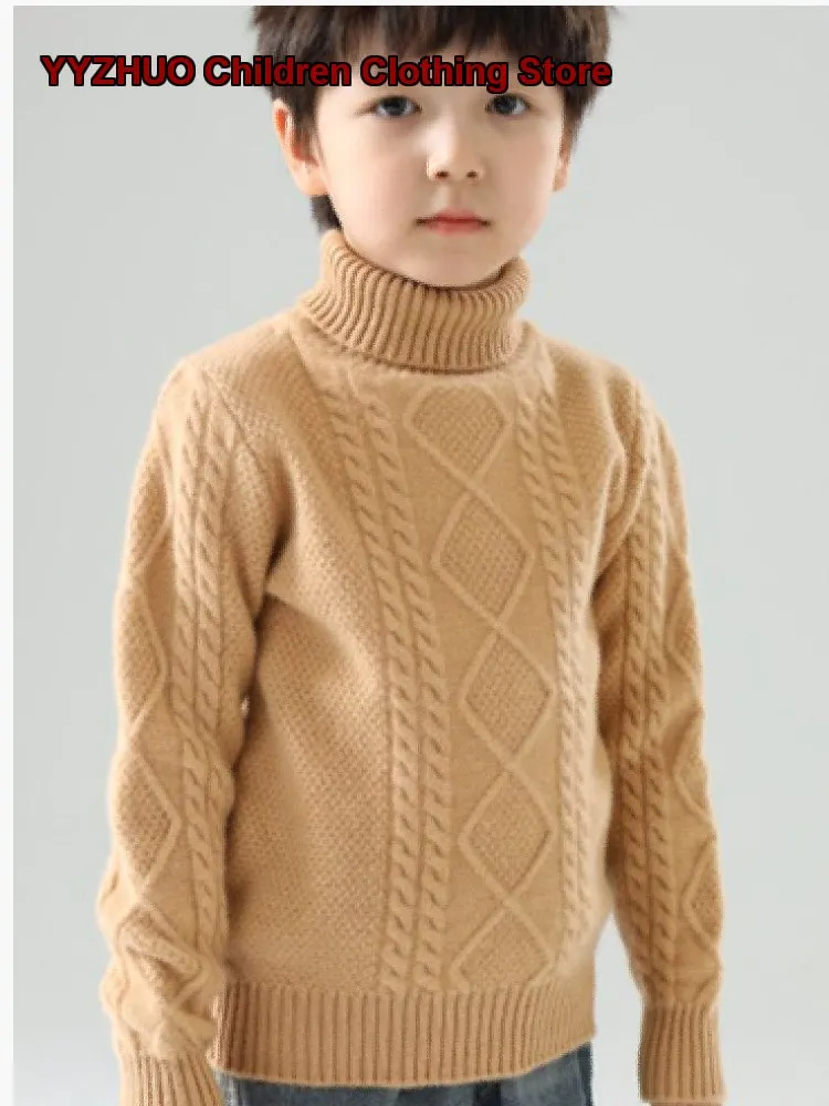 Boys Girls Turtleneck Sweater Kids Autumn Winter Twisted Knit Top Solid Color Thickened High Neck
