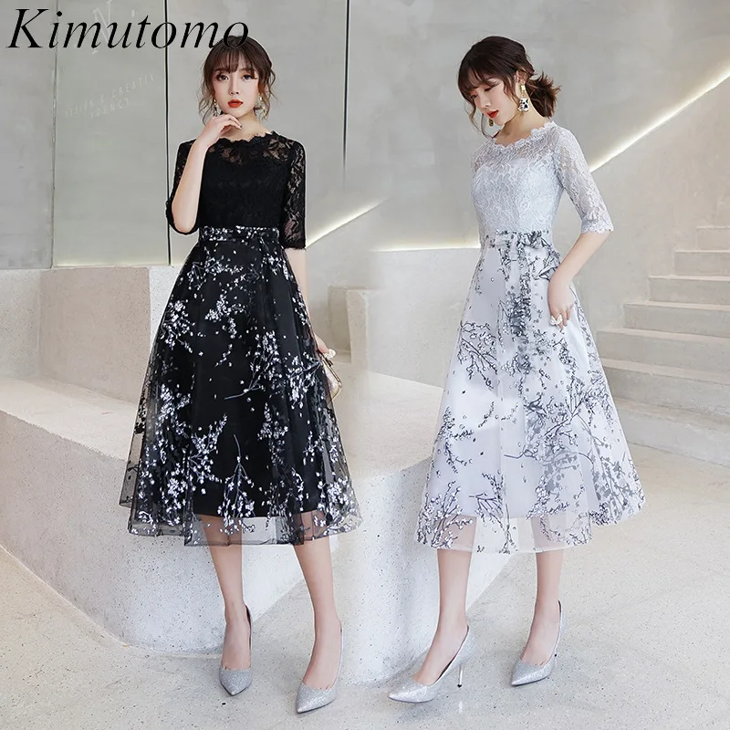 

Kimutomo Lace Hook Flower Evening Dresses Printing High Waist Elegant Dress Celebrity Style Quarter Sleeves Vestidos De Fiesta