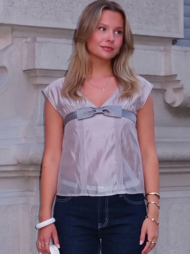 HH Women Summer Chic Lavender Satin Blouse V Neck Cap Sleeves Contrast Bow Waist Pintuck Flowy Hem For Brunch Gathering Party