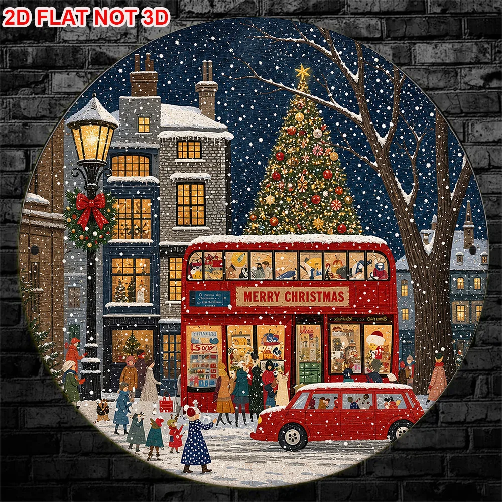 1pc 20.32 X 20.32 cm 2D Flat Circular Sign, Vintage Plaque of Christmas London Street Scene, Christmas Decoration Sign, Suitable