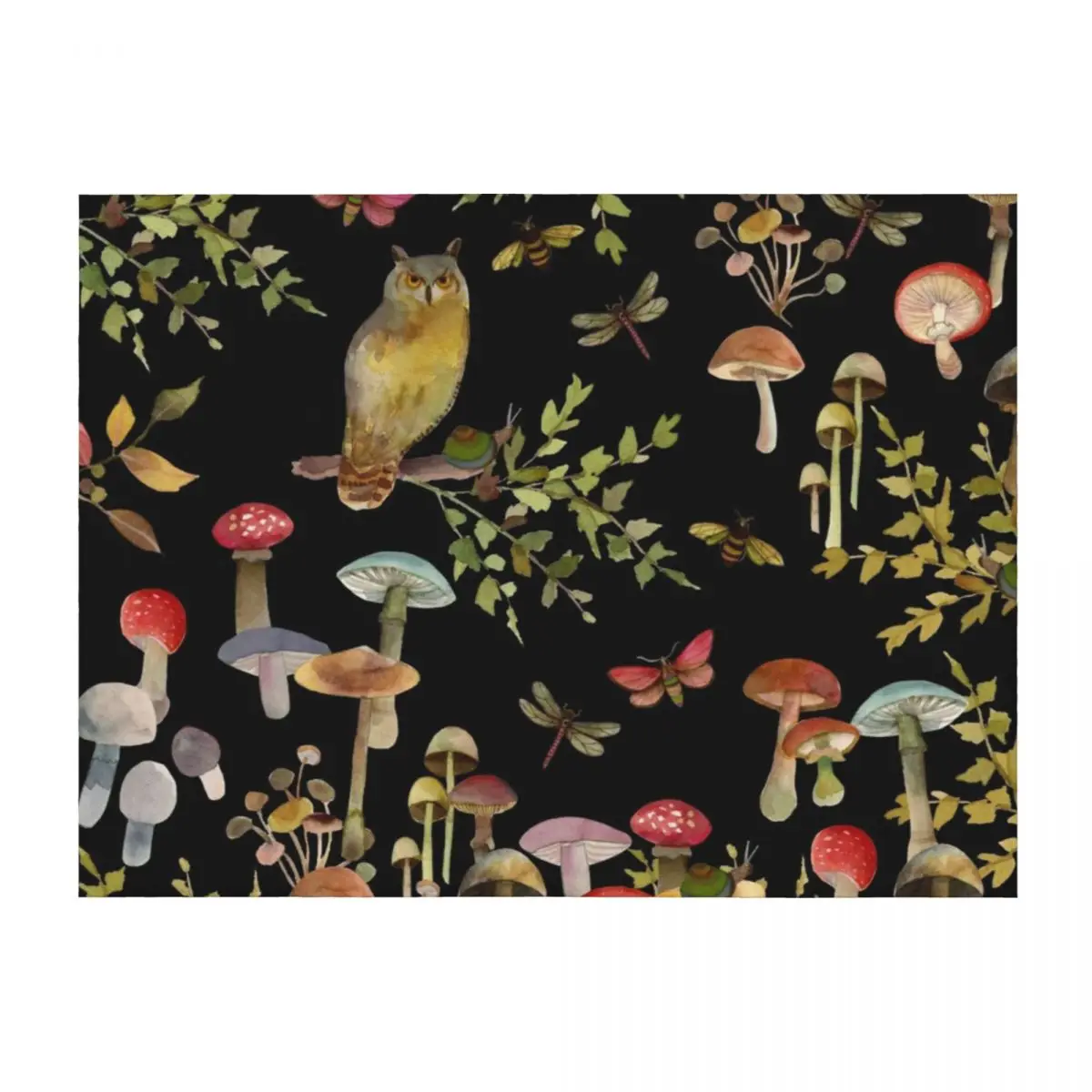 

Cottagecore OwlsMushrooms DragonfliesBees and Leaves on Black Throw Blanket christmas decoration sofa bed Soft Beds Blankets