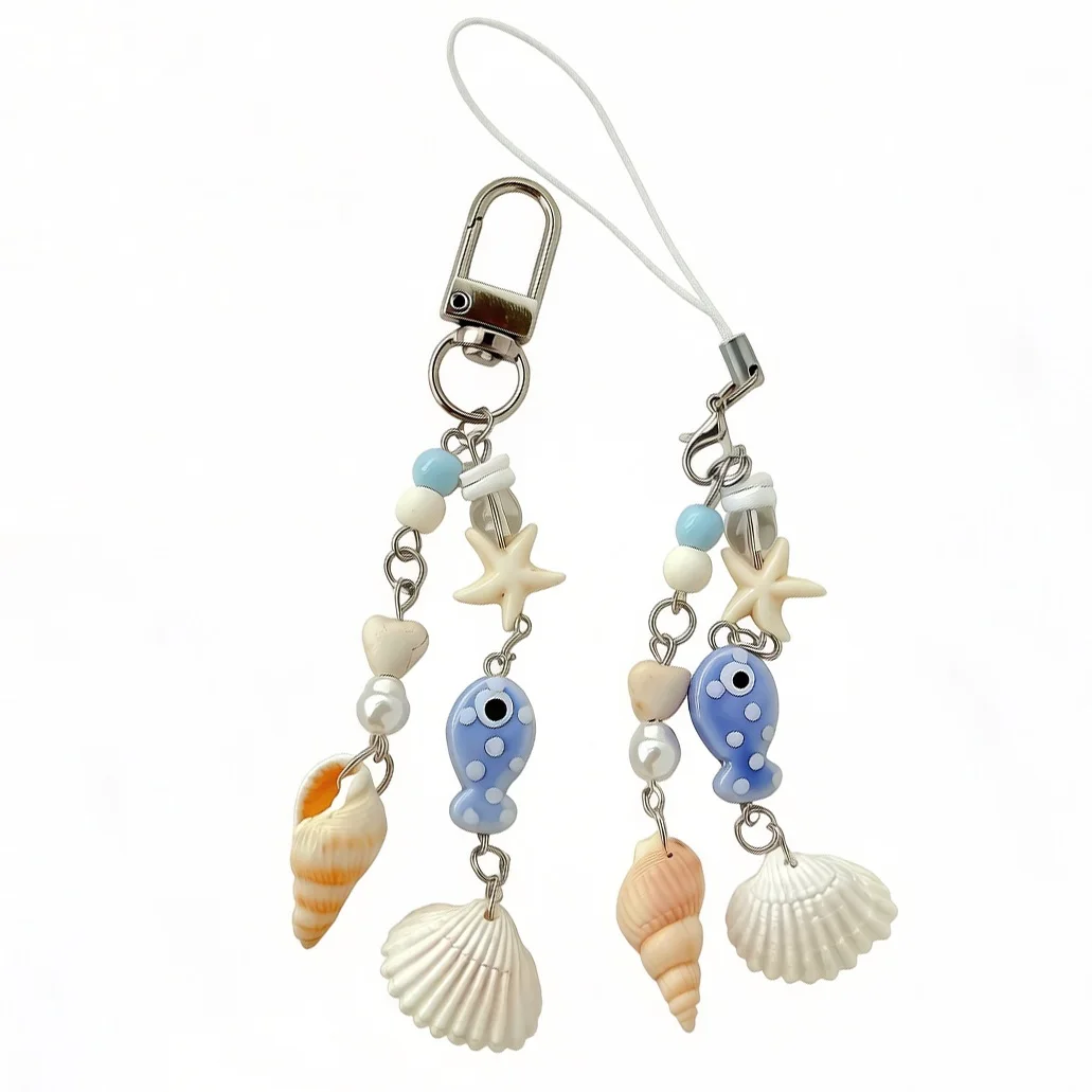 Cute Blue Fish Seashell Keychain Summer Beach Bag Charm Pendant Phone Strap Kawaii Sea Star Jewelry Gift for Women Girls