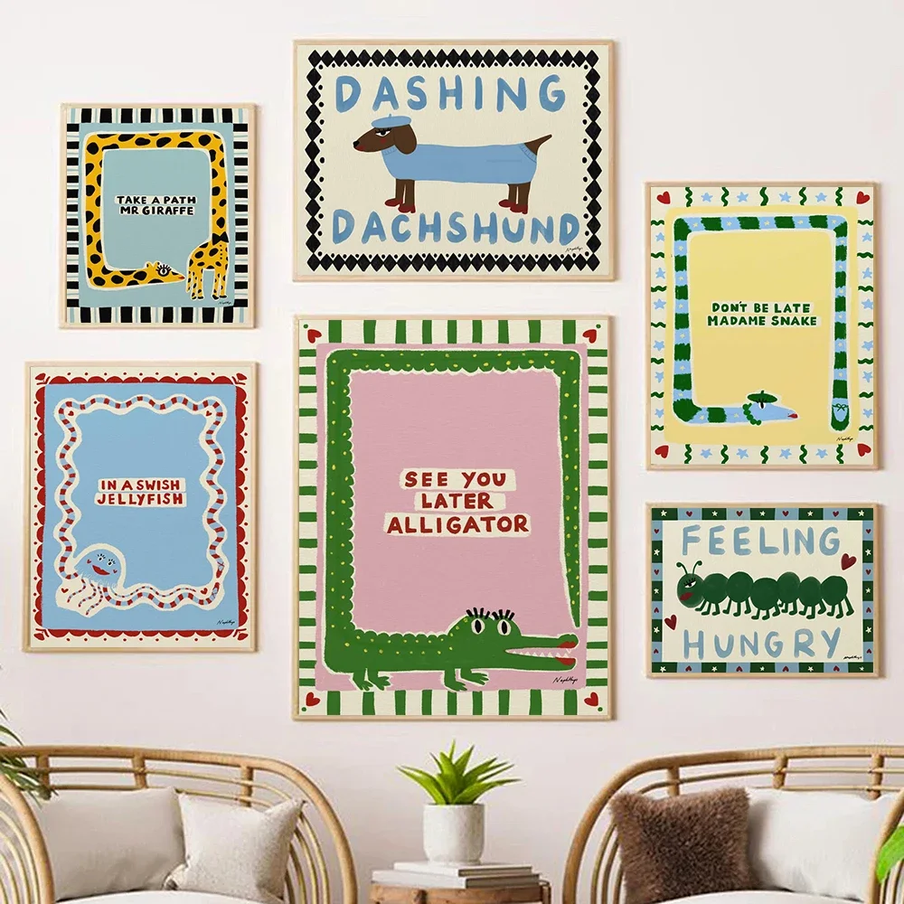 Funny Cartoon Dachshund Dog Poster and Print Giraffe Snake Jellyfish Alligator Animal Canvas Wall Art Picture For Kid Decor Gift